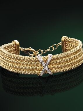 Woven Gold Cuff Bracelet with Clasp * X design Crystals * 18k Gold Plated * Plus